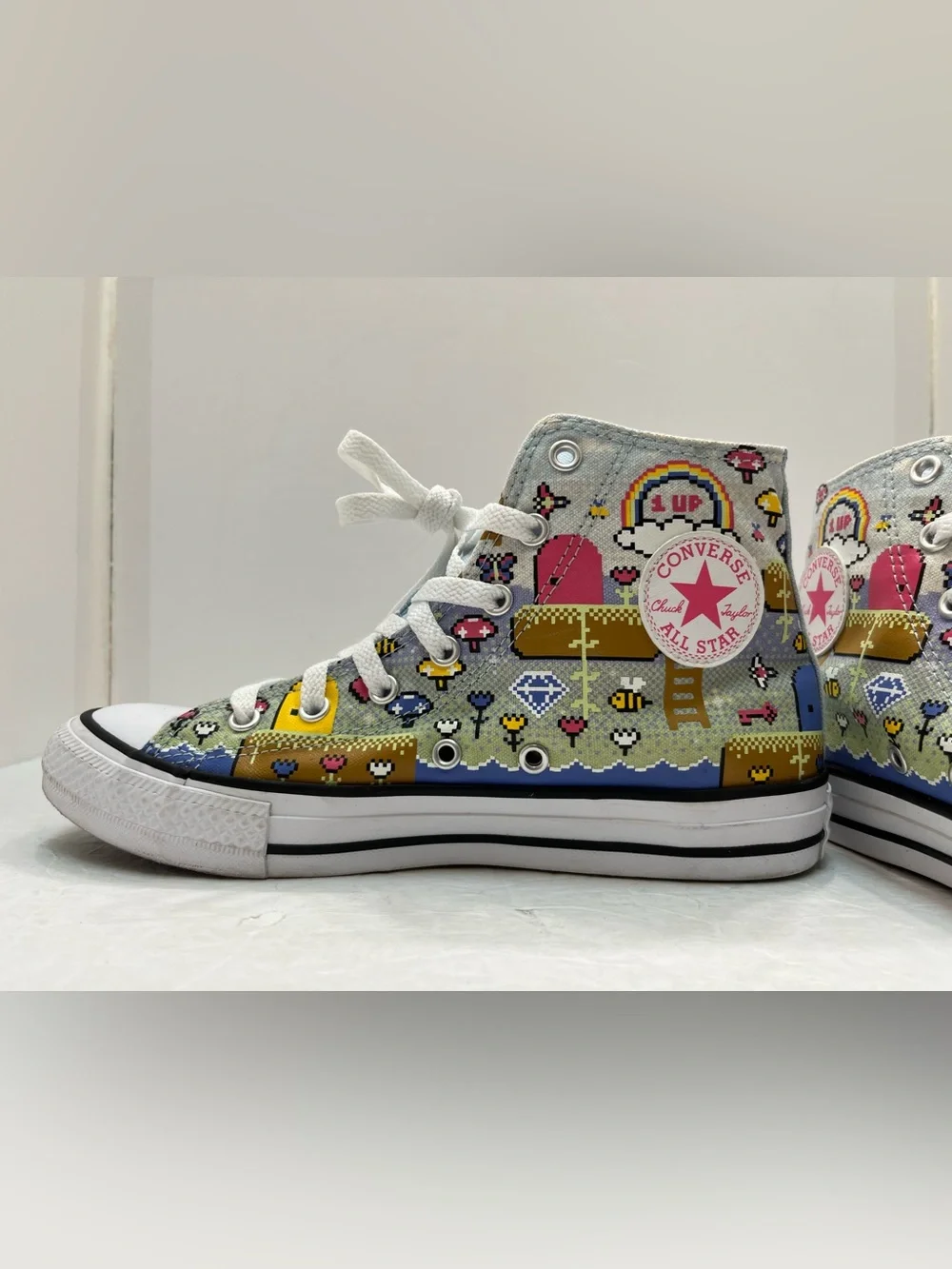 Converse Kids Light Blue High-Top Sneakers with Multicolor Floral Accents/Women7